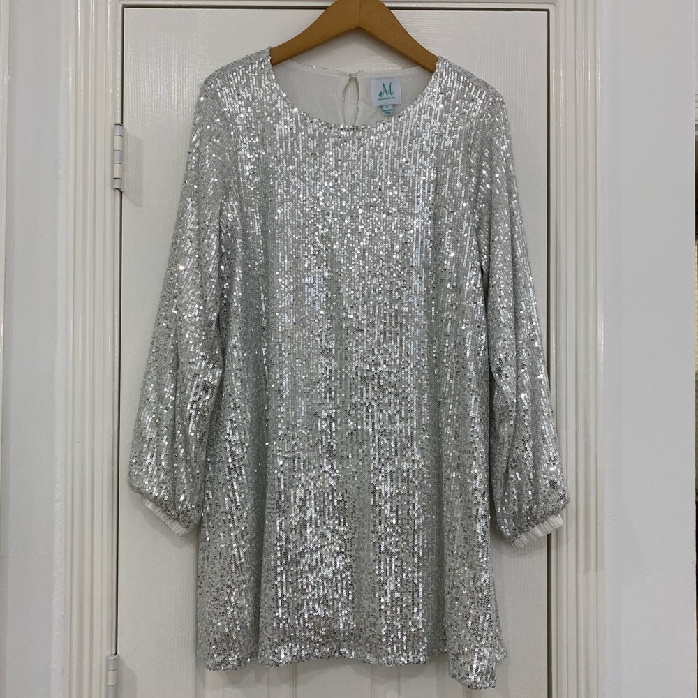 Silver sequin small mini shift dress long sleeve